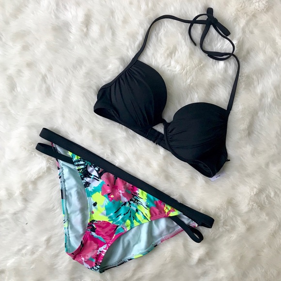 Shade & Shore Other - Black Floral Halter Bustier Bikini Cut Out 38B XL
